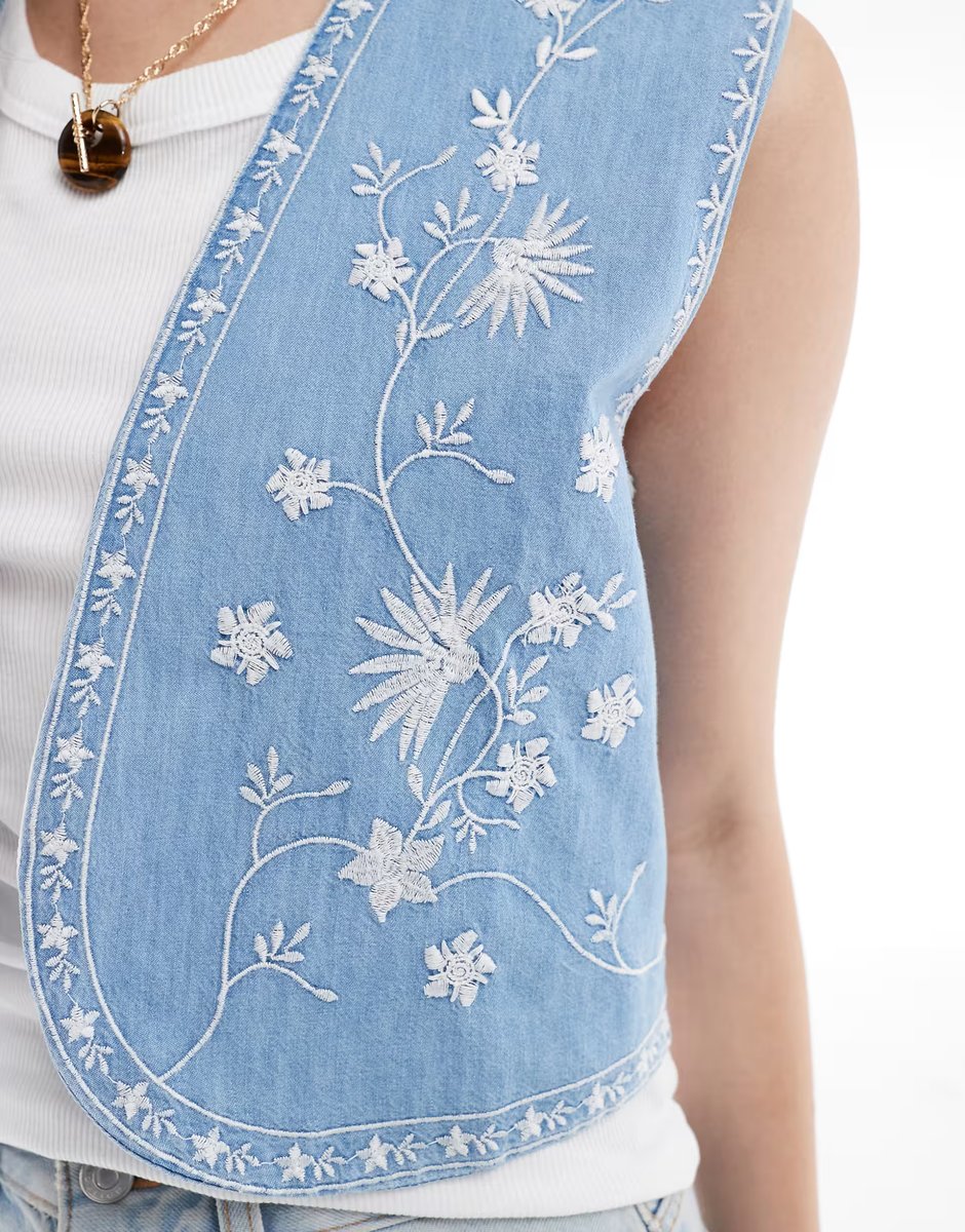 ASOS ASOS DESIGN soft denim embroidery waistcoat in mid blue - 4