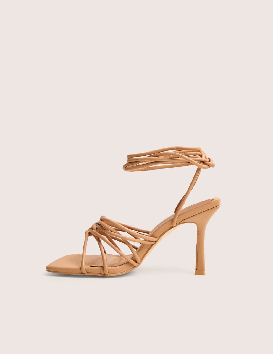 Public Desire Keri Wide Fit Nude Pu Strappy Lace Up Mid Heels