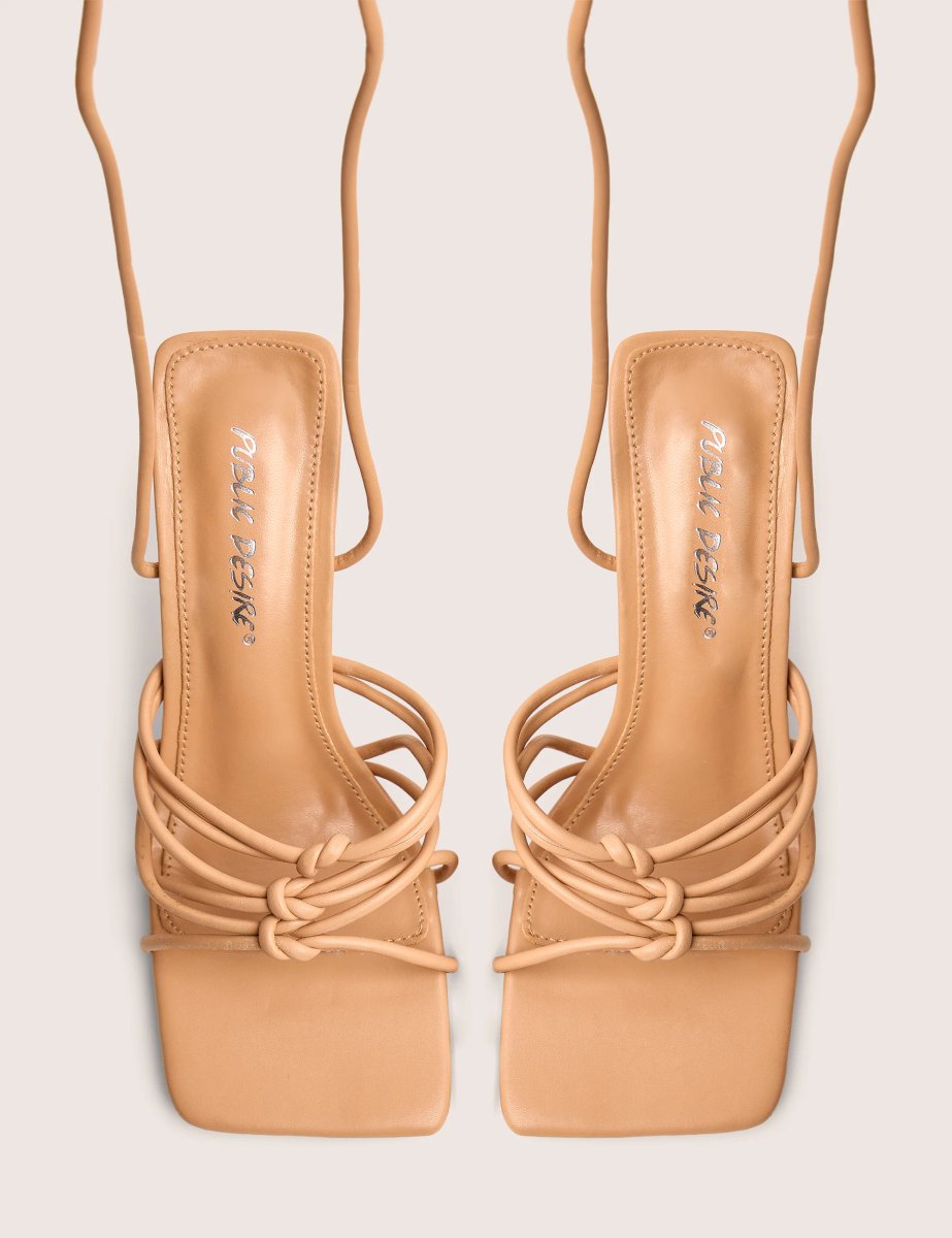 Public Desire Keri Wide Fit Nude Pu Strappy Lace Up Mid Heels - 2