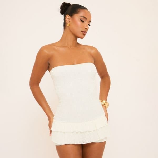 EGO Bandeau Frill Trim Detail Playsuit In Cream Texture, Women's Size UK 10