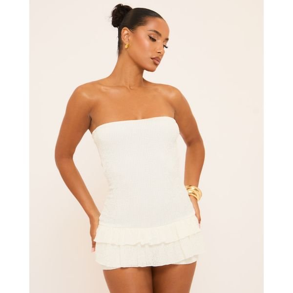 EGO Bandeau Frill Trim Detail Playsuit In Cream Texture, Women's Size UK 10 - 2