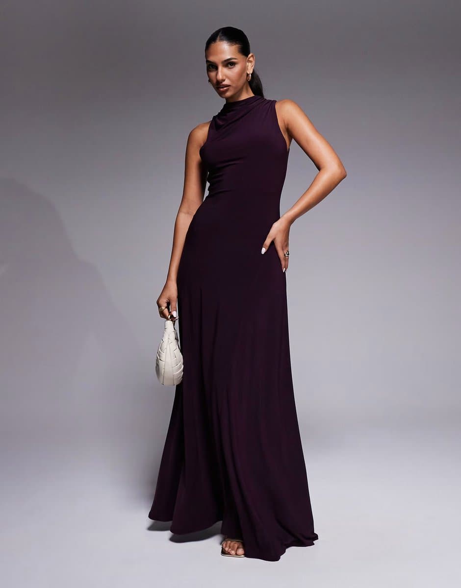 ASOS ASOS DESIGN ruched back channelled high neck maxi dress in plum