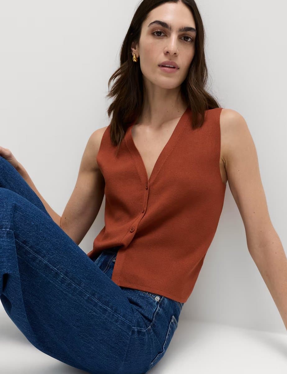 Marks & Spencer M&S V-Neck Cropped Knitted Waistcoat Brandy