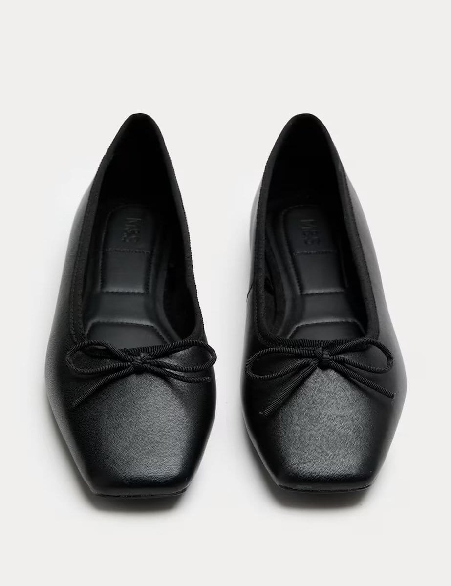 Marks & Spencer M&S Leather Bow Square Toe Flat Ballet Pumps Black - 1