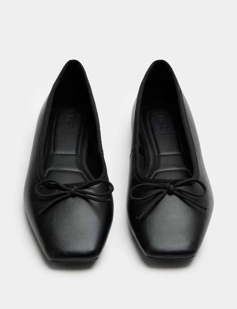 Marks & Spencer M&S Leather Bow Square Toe Flat Ballet Pumps Black - 1