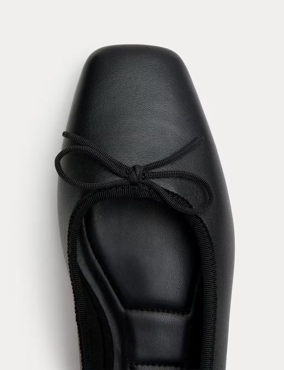 Marks & Spencer M&S Leather Bow Square Toe Flat Ballet Pumps Black - 2