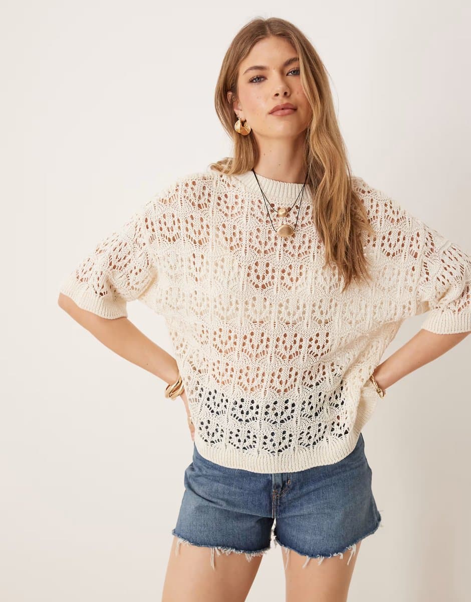 ASOS ASOS DESIGN open stitch relaxed t-shirt in ecru