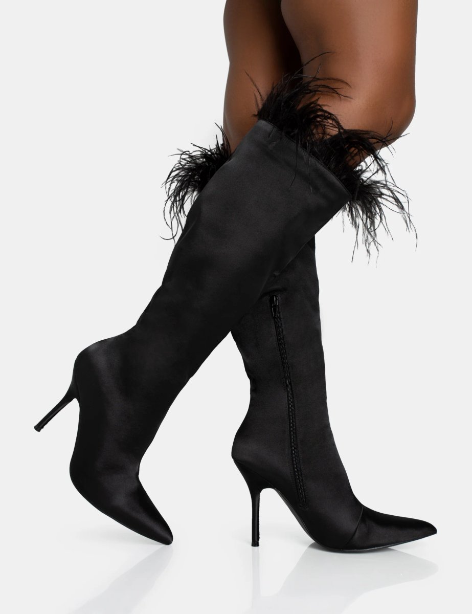 Public Desire Baddie Black Satin Feather Pointed Court Stiletto Knee High Boots - 2