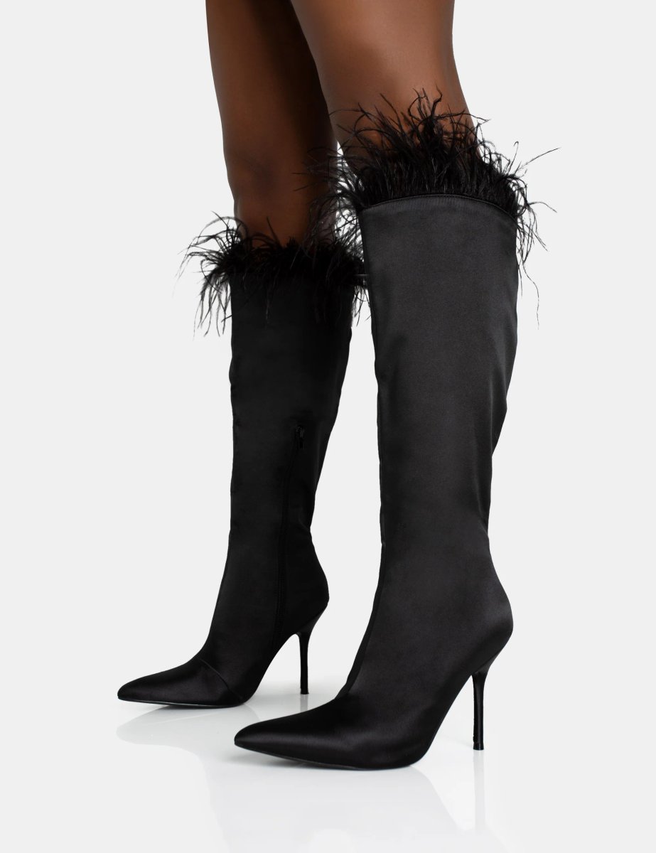 Public Desire Baddie Black Satin Feather Pointed Court Stiletto Knee High Boots - 3