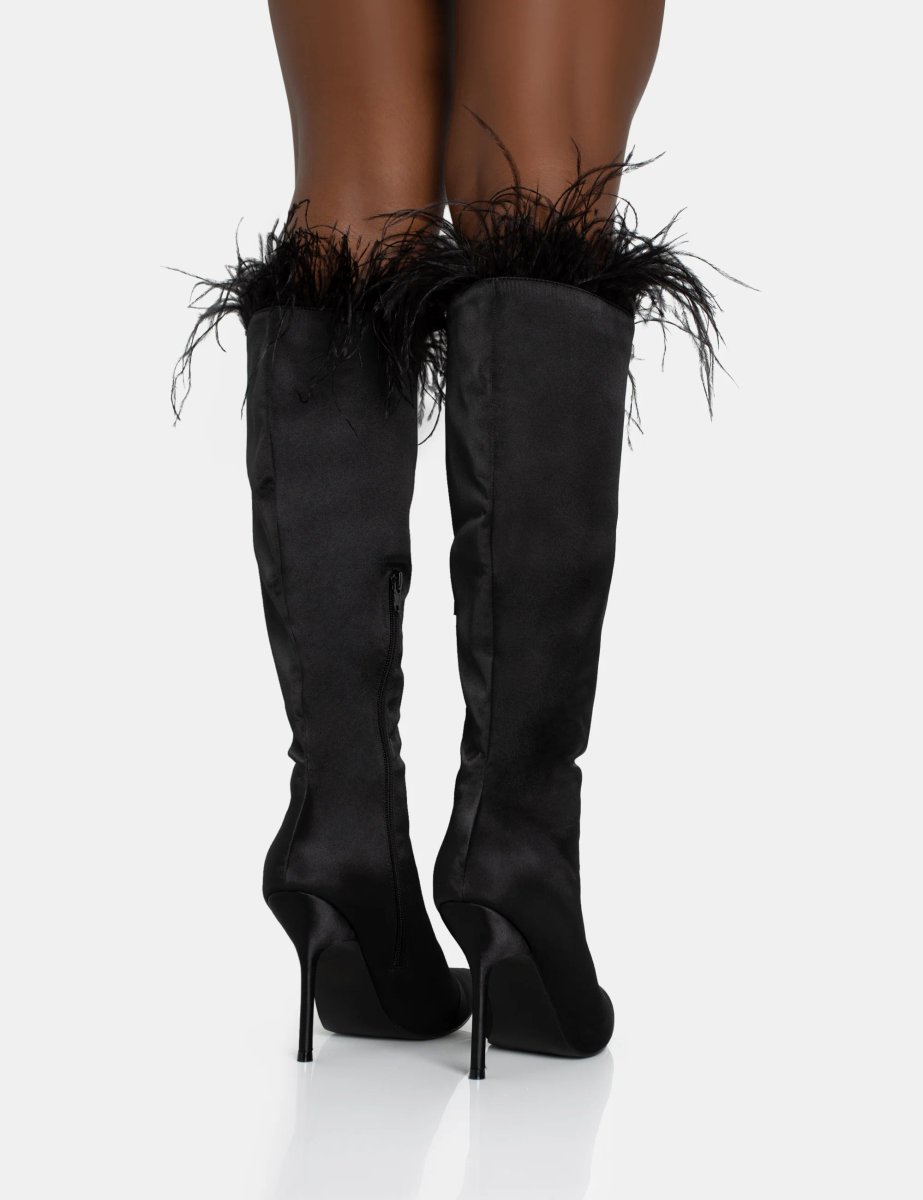 Public Desire Baddie Black Satin Feather Pointed Court Stiletto Knee High Boots - 4