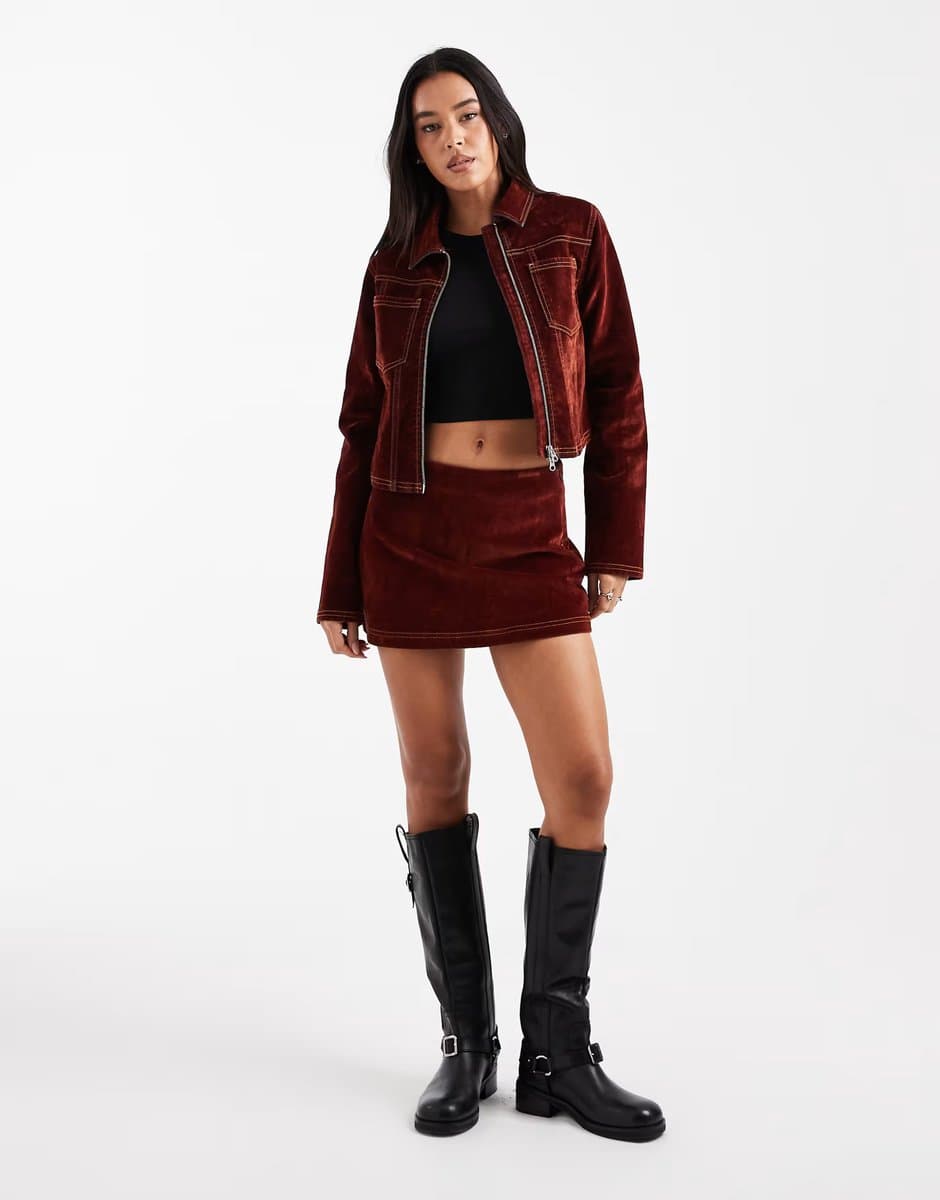 ASOS COLLUSION co-ord flocked denim mini skirt with contrast stitch in burnt orange