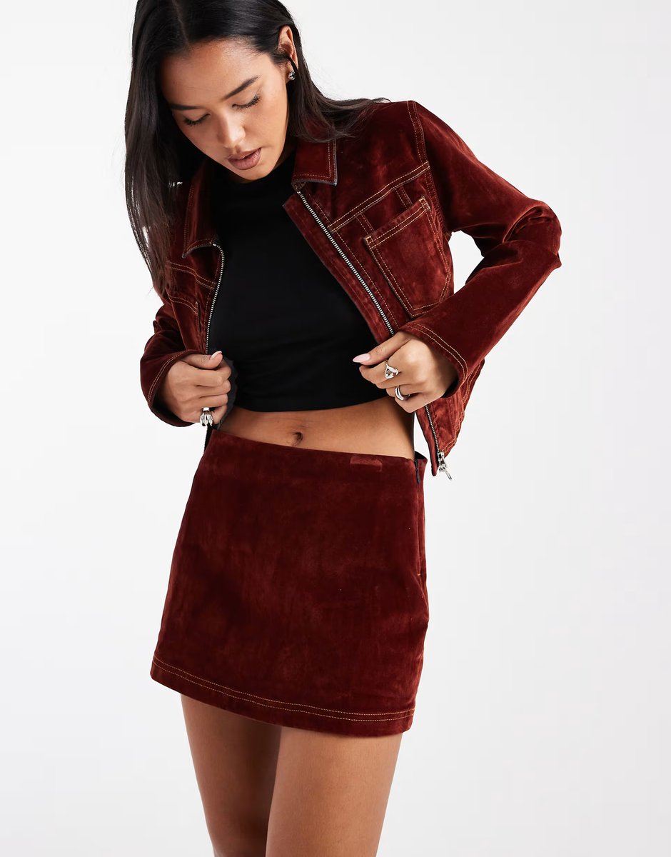 ASOS COLLUSION co-ord flocked denim mini skirt with contrast stitch in burnt orange - 3