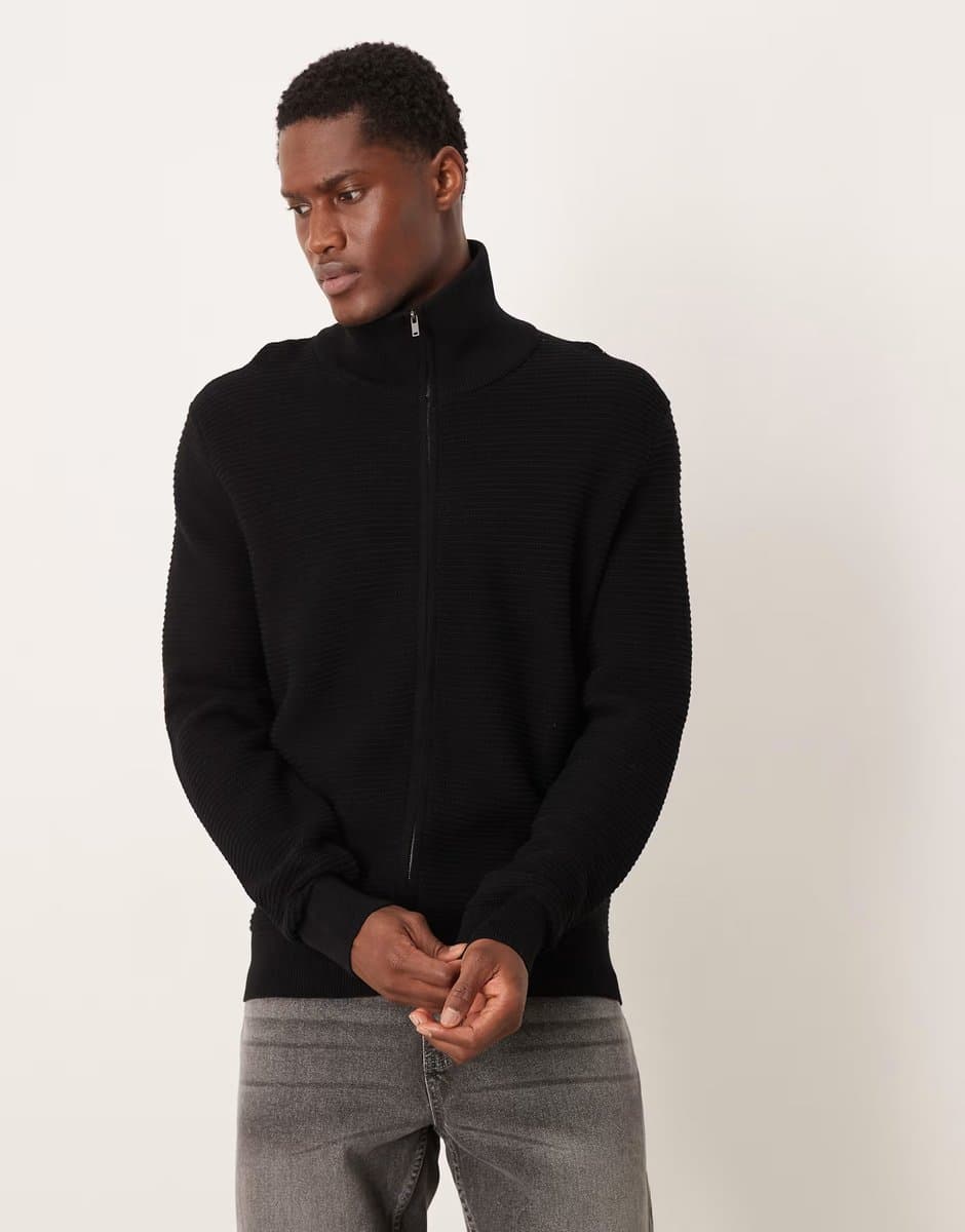 ASOS Mango 100% cotton zip through textured cardigan in black