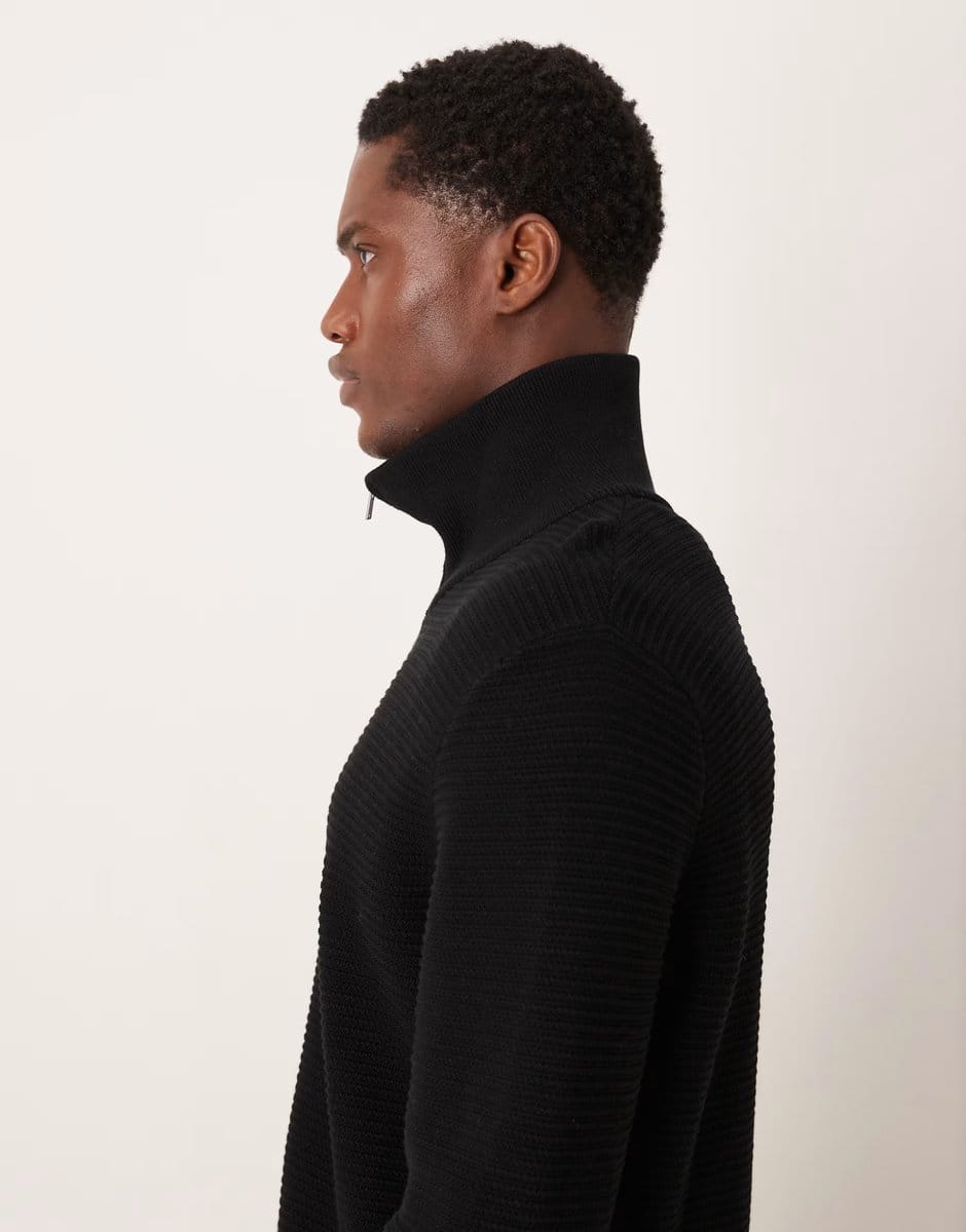 ASOS Mango 100% cotton zip through textured cardigan in black - 4