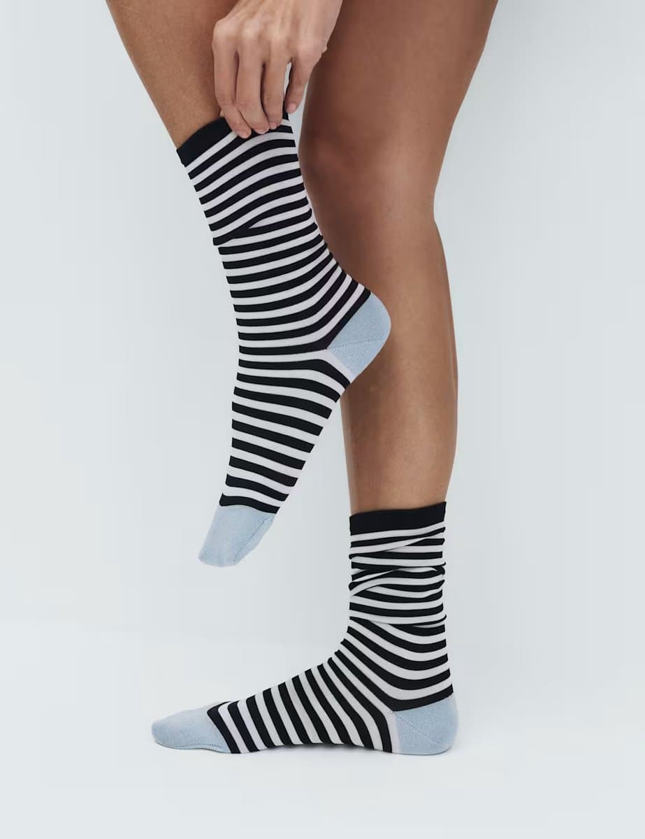 Marks & Spencer M&S 2 Pack Rayon Striped Crew Socks in Blue Mix