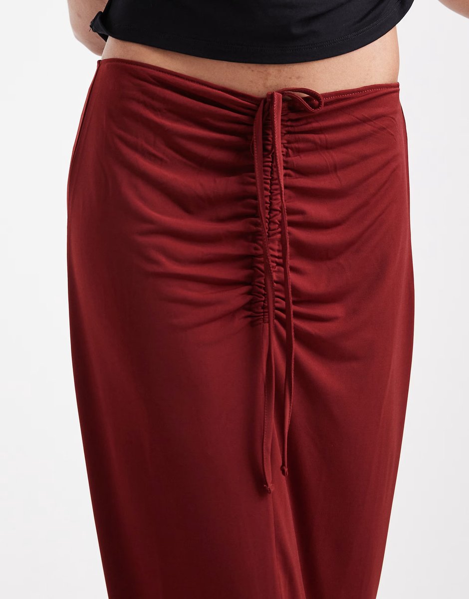 ASOS Vero Moda Tall slinky ruched front maxi skirt in burgundy - 4