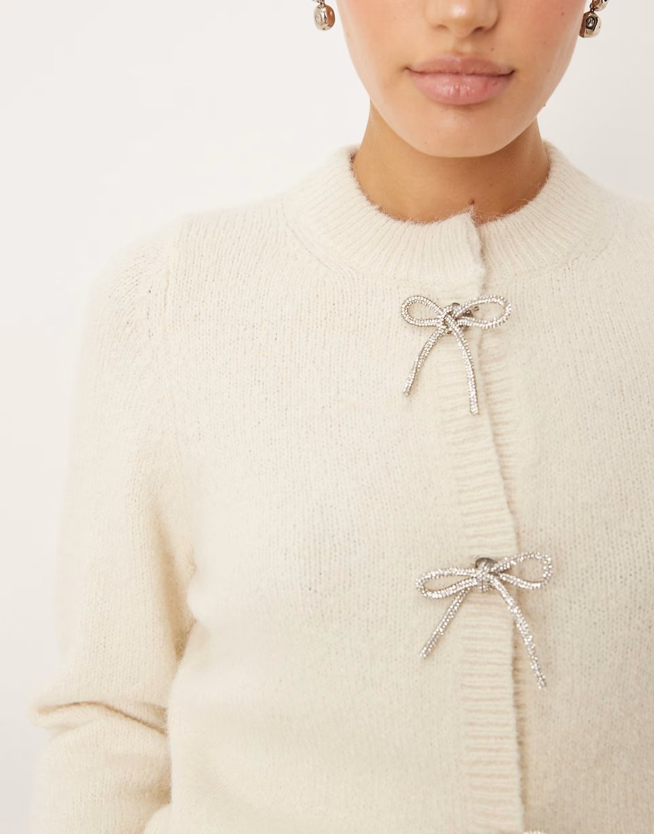 ASOS ASOS DESIGN diamante bow front cardigan in cream - 3