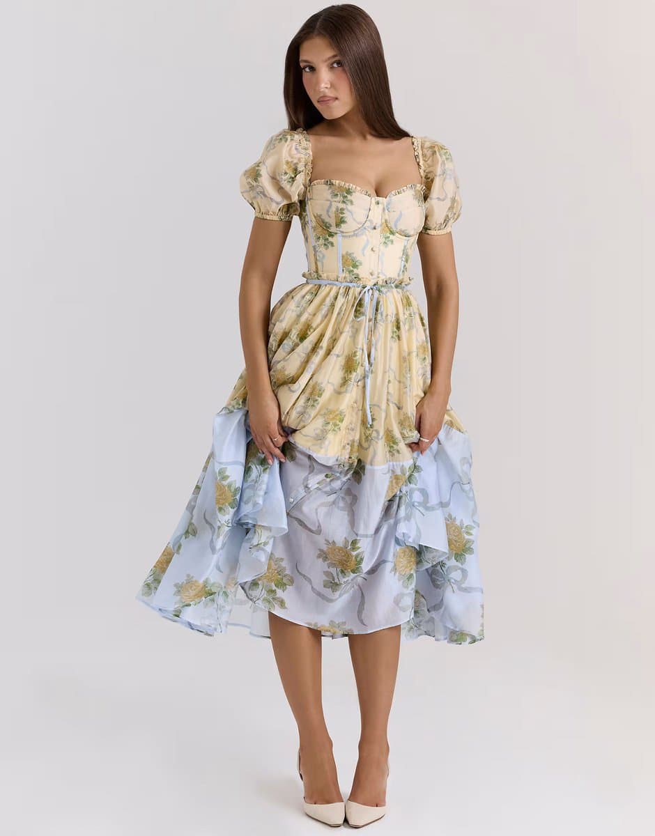 ASOS House of CB Penelope midi dress in lemon vintage rose