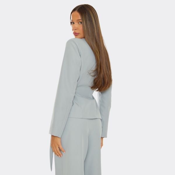 EGO Long Sleeve Cinched Belted Waist Blazer In Grey, Women's Size UK 6 - 2