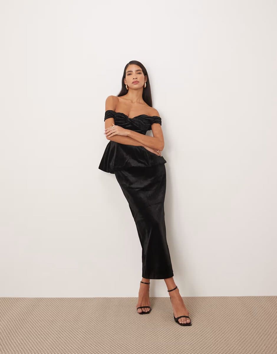 ASOS ARRANGE velvet off shoulder maxi dress with ruched bodice and column skirt in black
