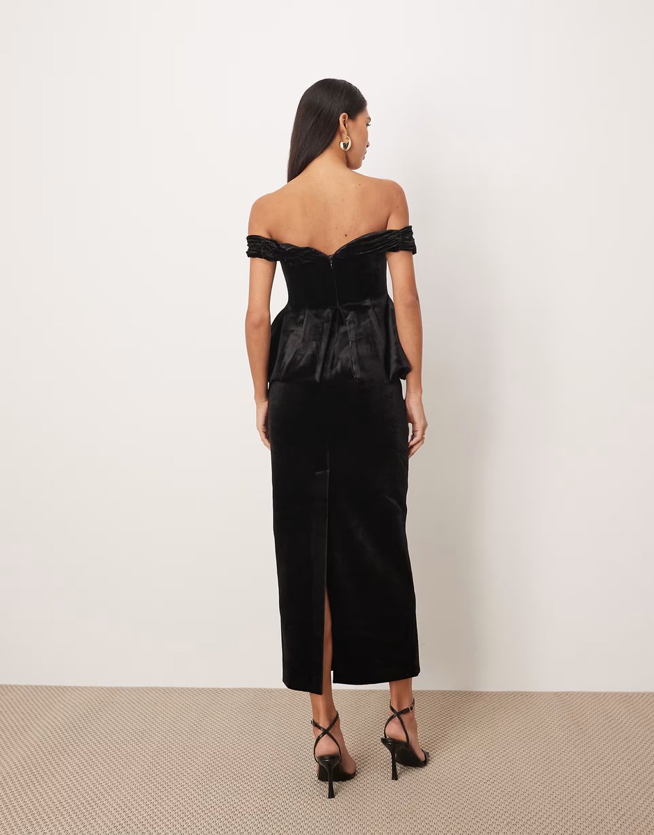 ASOS ARRANGE velvet off shoulder maxi dress with ruched bodice and column skirt in black - 4