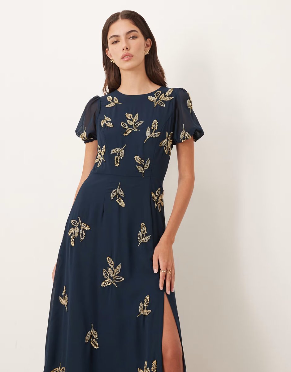 ASOS Maya Embellished short sleeve open back maxi dress in navy - 3