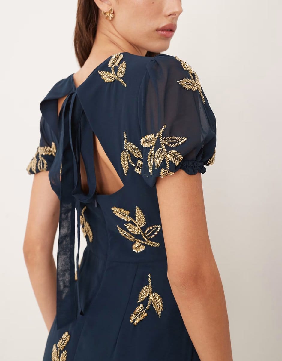 ASOS Maya Embellished short sleeve open back maxi dress in navy - 4