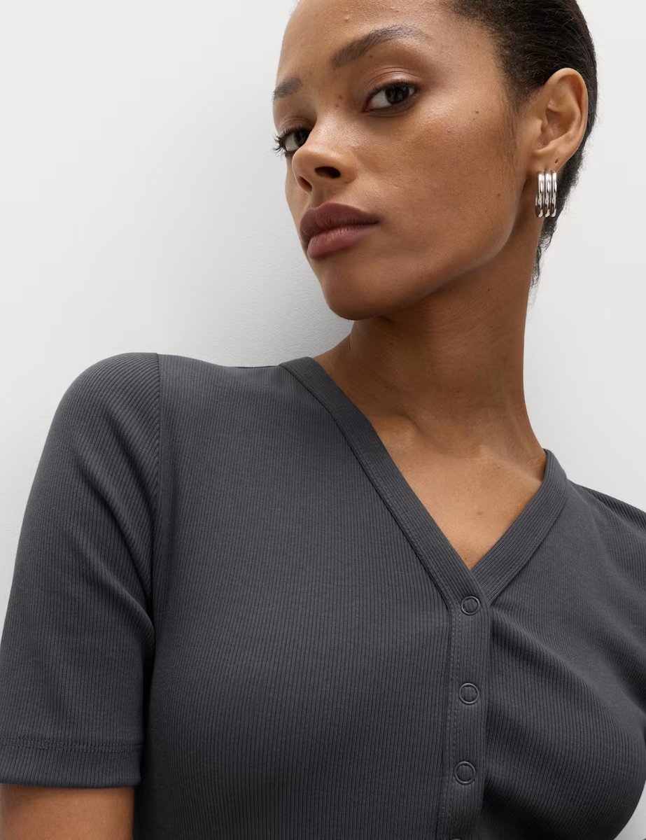 Marks & Spencer M&S Cotton Rich Ribbed V-Neck Midi Column Dress Charcoal - 2