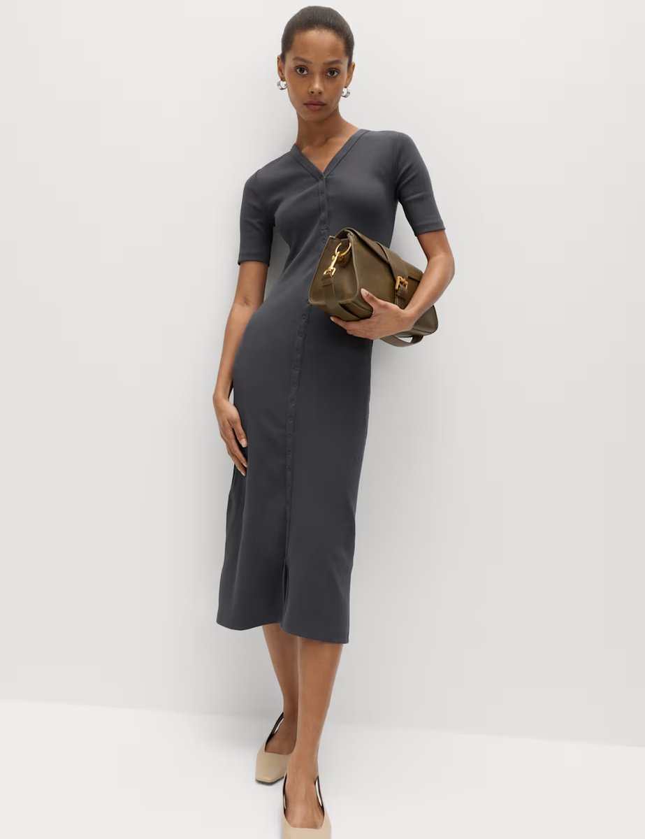 Marks & Spencer M&S Cotton Rich Ribbed V-Neck Midi Column Dress Charcoal - 4