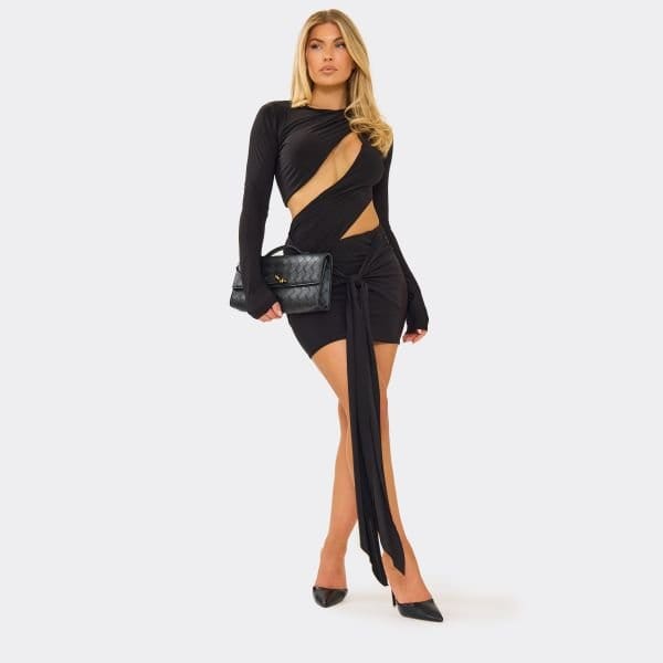 EGO Long Sleeve Cut Out Detail Drape Mini Dress In Black Slinky, Women's Size UK 6 - 1