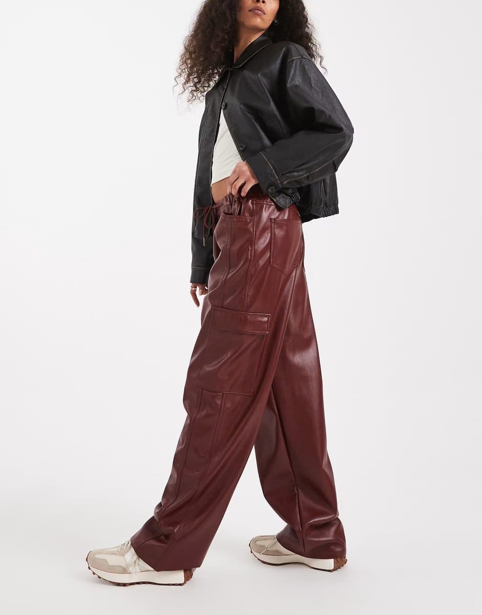 ASOS ASOS DESIGN Burgundy Faux Leather Utility Trousers