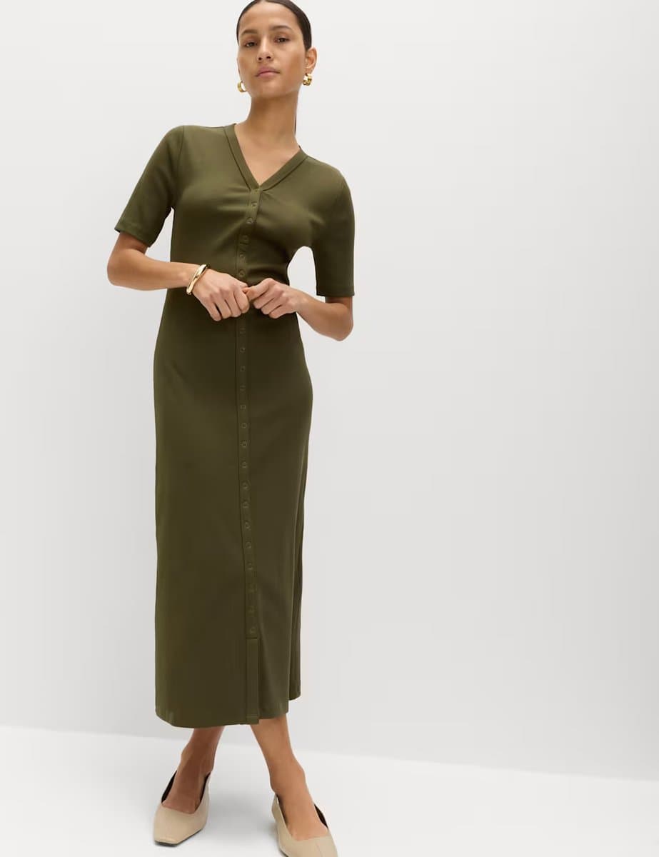Marks & Spencer M&S Cotton Rich Ribbed V-Neck Midi Column Dress Dark Khaki