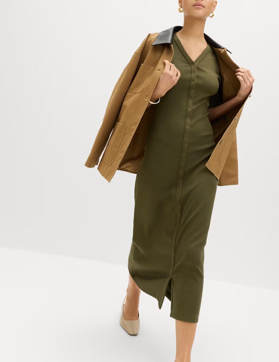 Marks & Spencer M&S Cotton Rich Ribbed V-Neck Midi Column Dress Dark Khaki - 3