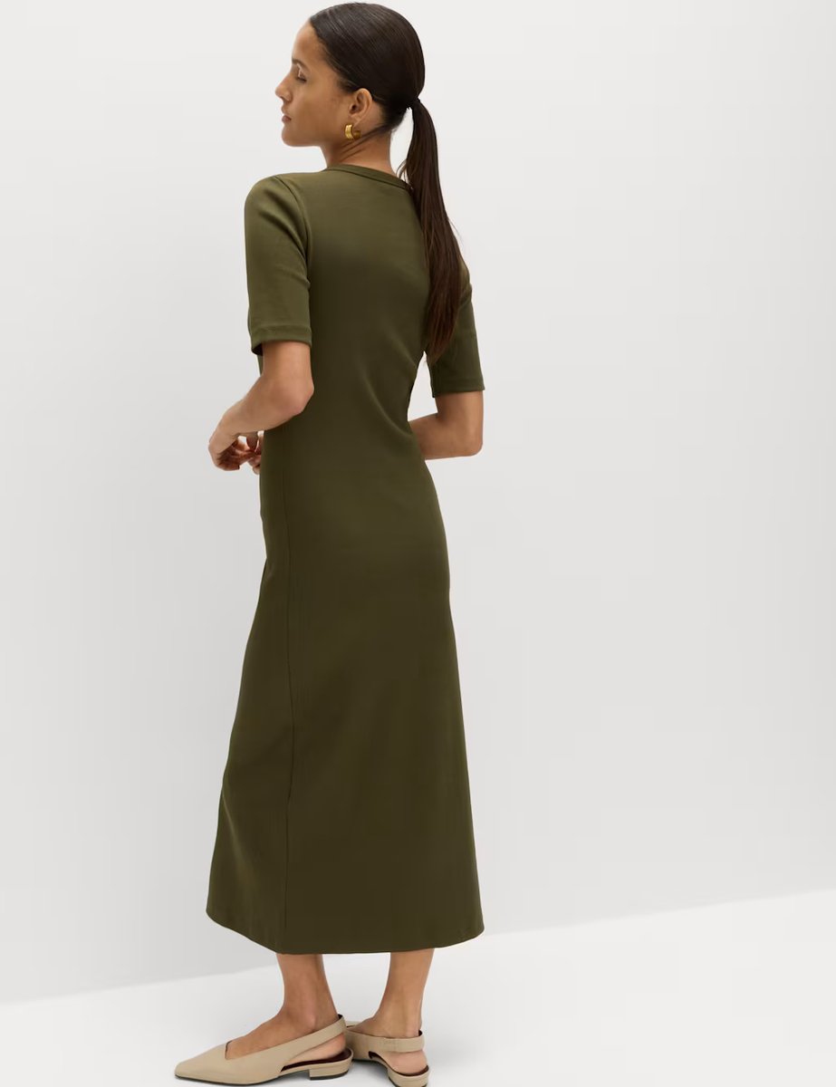 Marks & Spencer M&S Cotton Rich Ribbed V-Neck Midi Column Dress Dark Khaki - 4