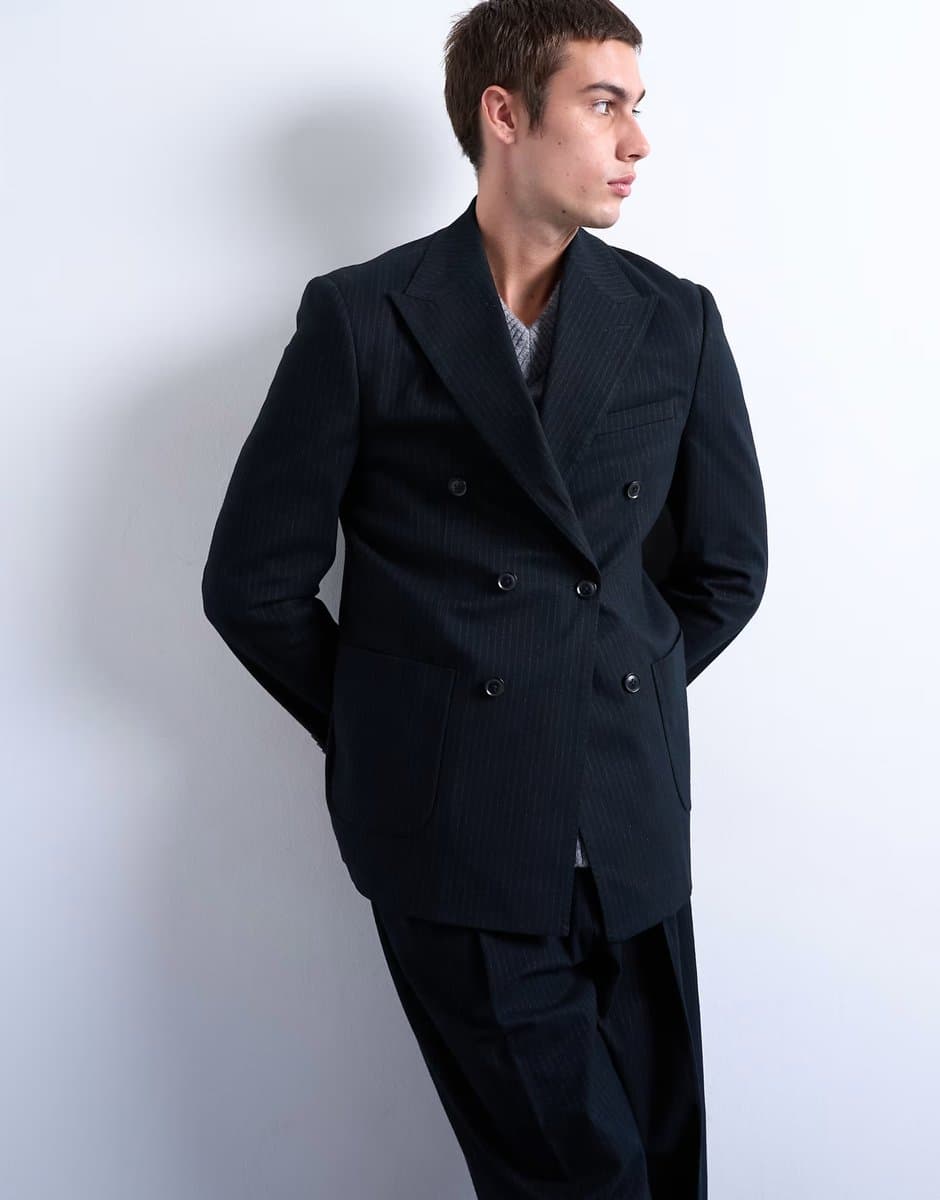 ASOS Topman wool touch striped double breasted blazer in navy