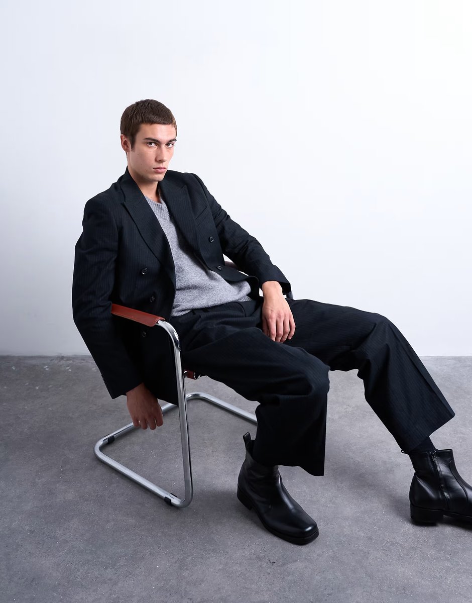 ASOS Topman wool touch striped double breasted blazer in navy - 2