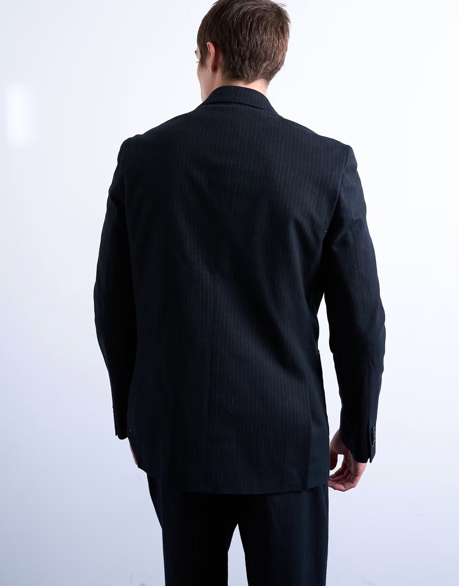 ASOS Topman wool touch striped double breasted blazer in navy - 4