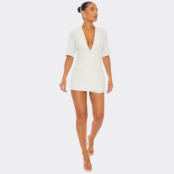 EGO Plunge Neck Short Sleeve Tailored Playsuit In Cream, Women's Size UK 6 - 1