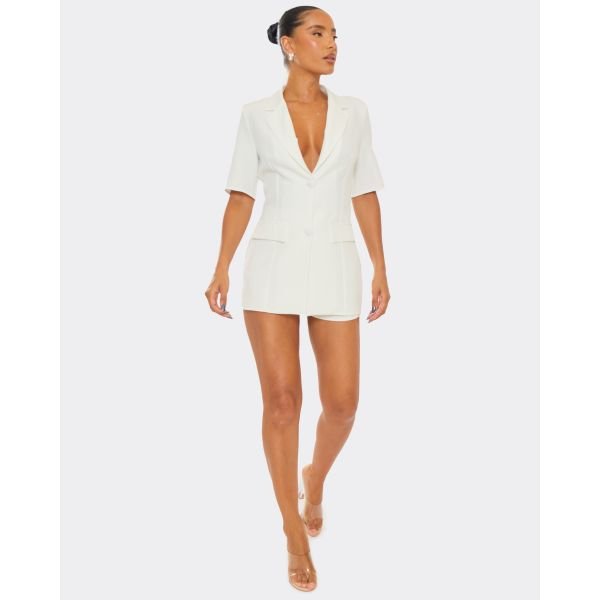 EGO Plunge Neck Short Sleeve Tailored Playsuit In Cream, Women's Size UK 6 - 2