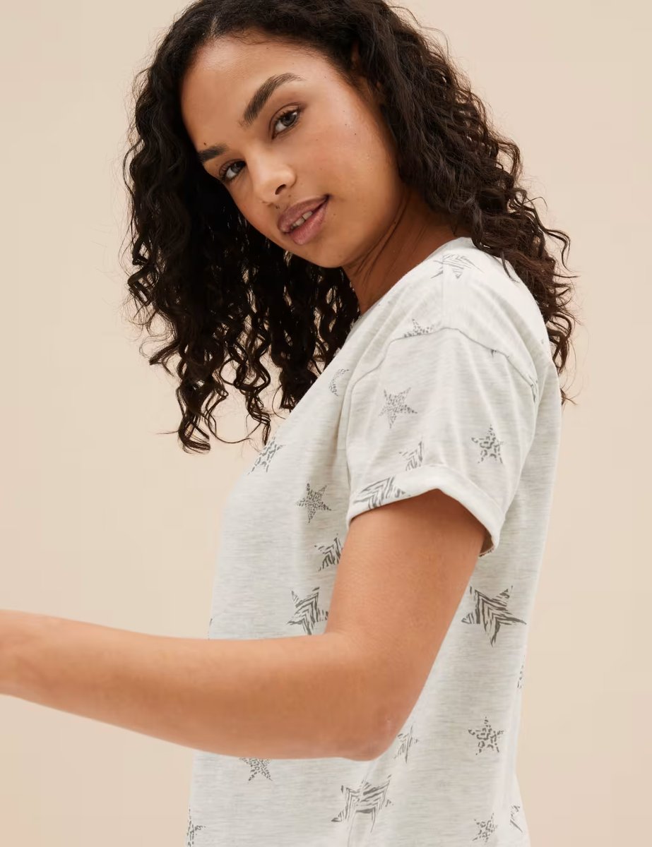 Marks & Spencer M&S Cotton Rich Star Print Pyjama Set Oatmeal Mix - 2
