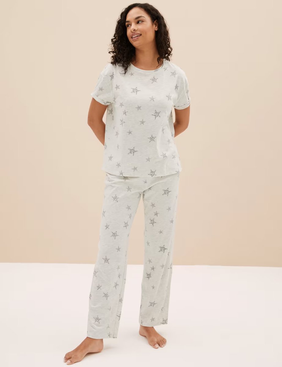 Marks & Spencer M&S Cotton Rich Star Print Pyjama Set Oatmeal Mix - 3