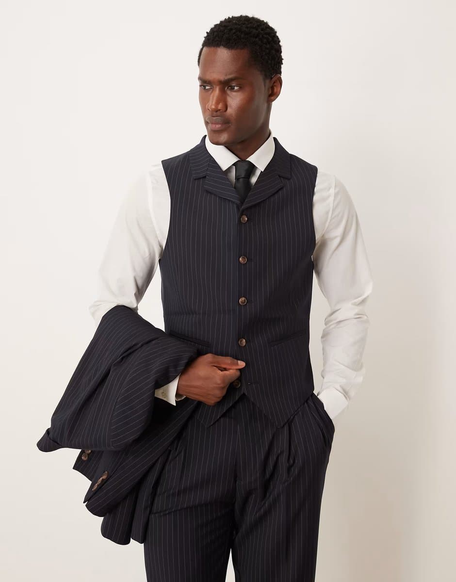 ASOS ASOS DESIGN slim suit waistcoat in navy pinstripe