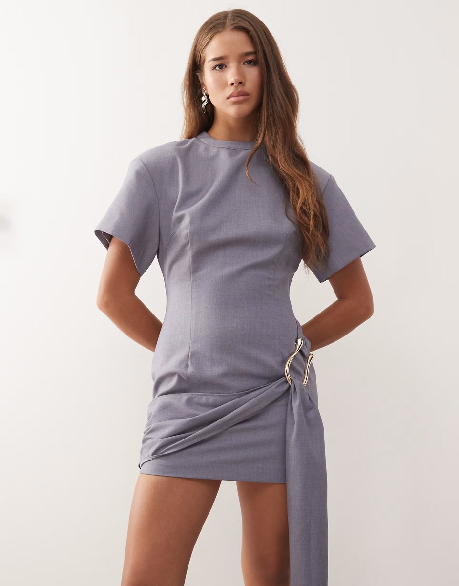 ASOS Lioness Martini structured high neck drape waist metal hardware detail mini dress in slate - 1