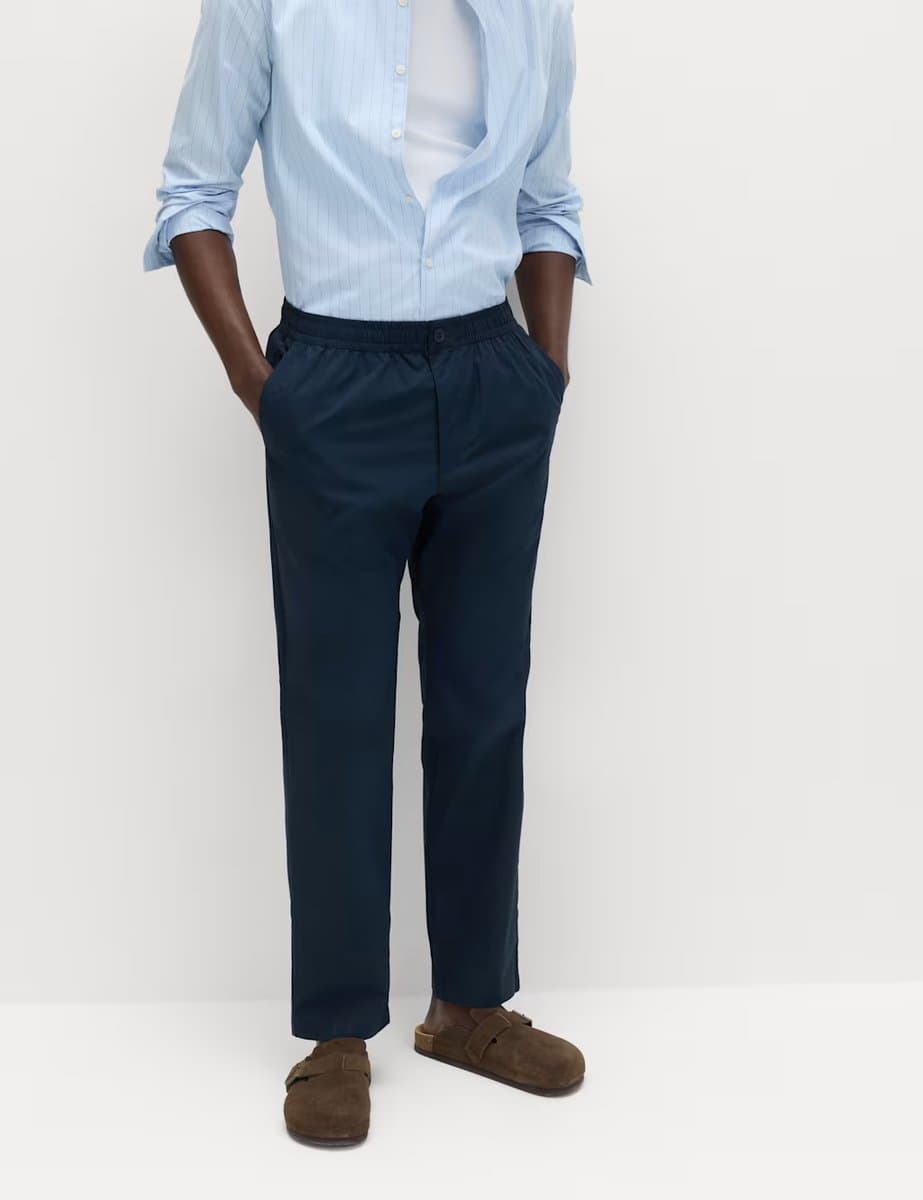 Marks & Spencer M&S Loose Tapered Fit Lightweight Trousers in Navy