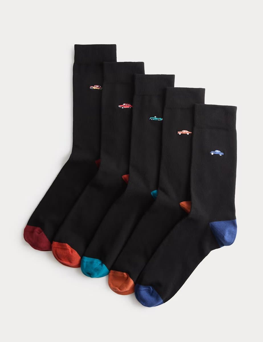 Marks & Spencer M&S 5 Pack Cool & Fresh™ Vintage Car Cotton Rich Socks Black Mix