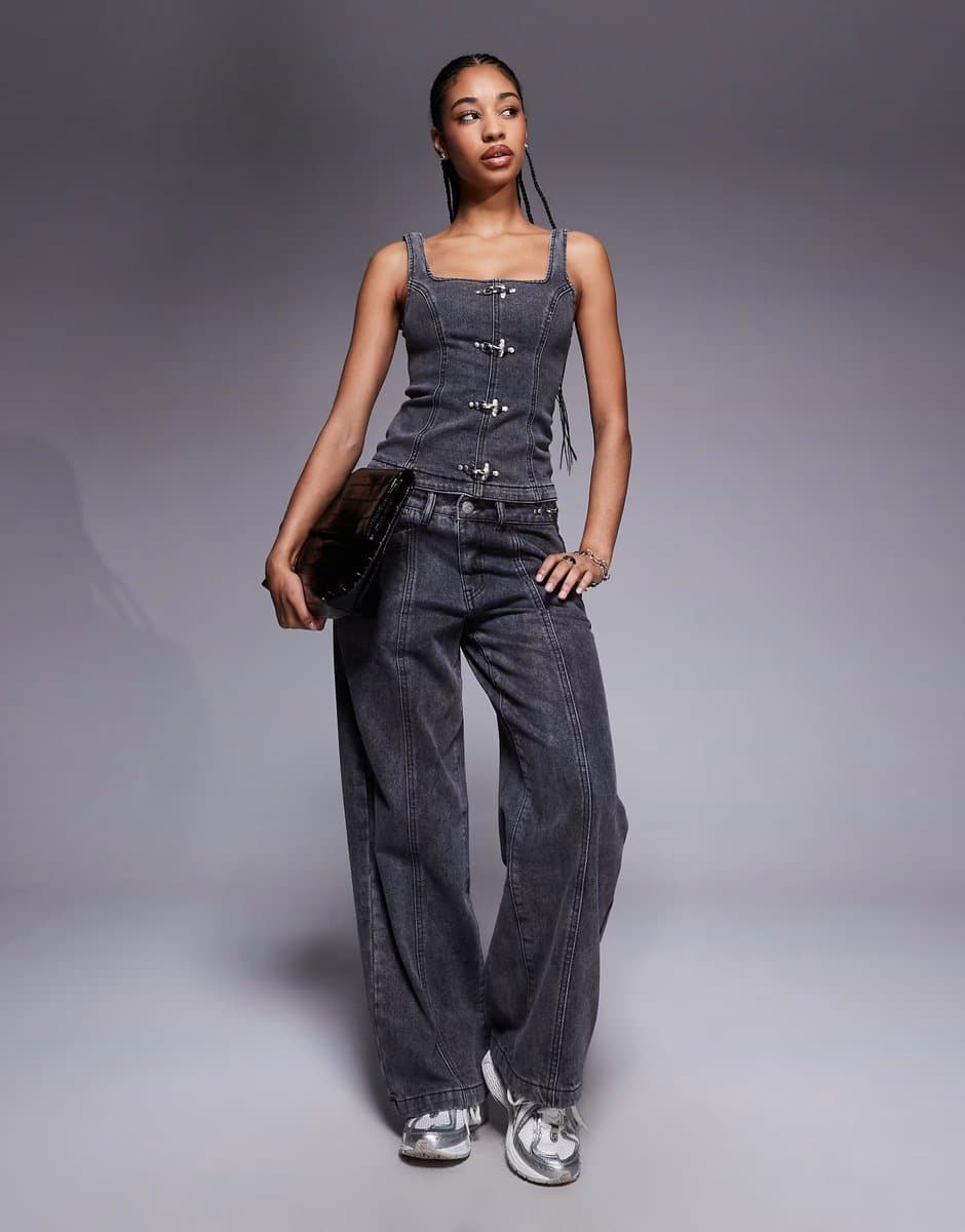 ASOS Liquor N Poker denim corset & jean co-ord with buckle detail in washed black