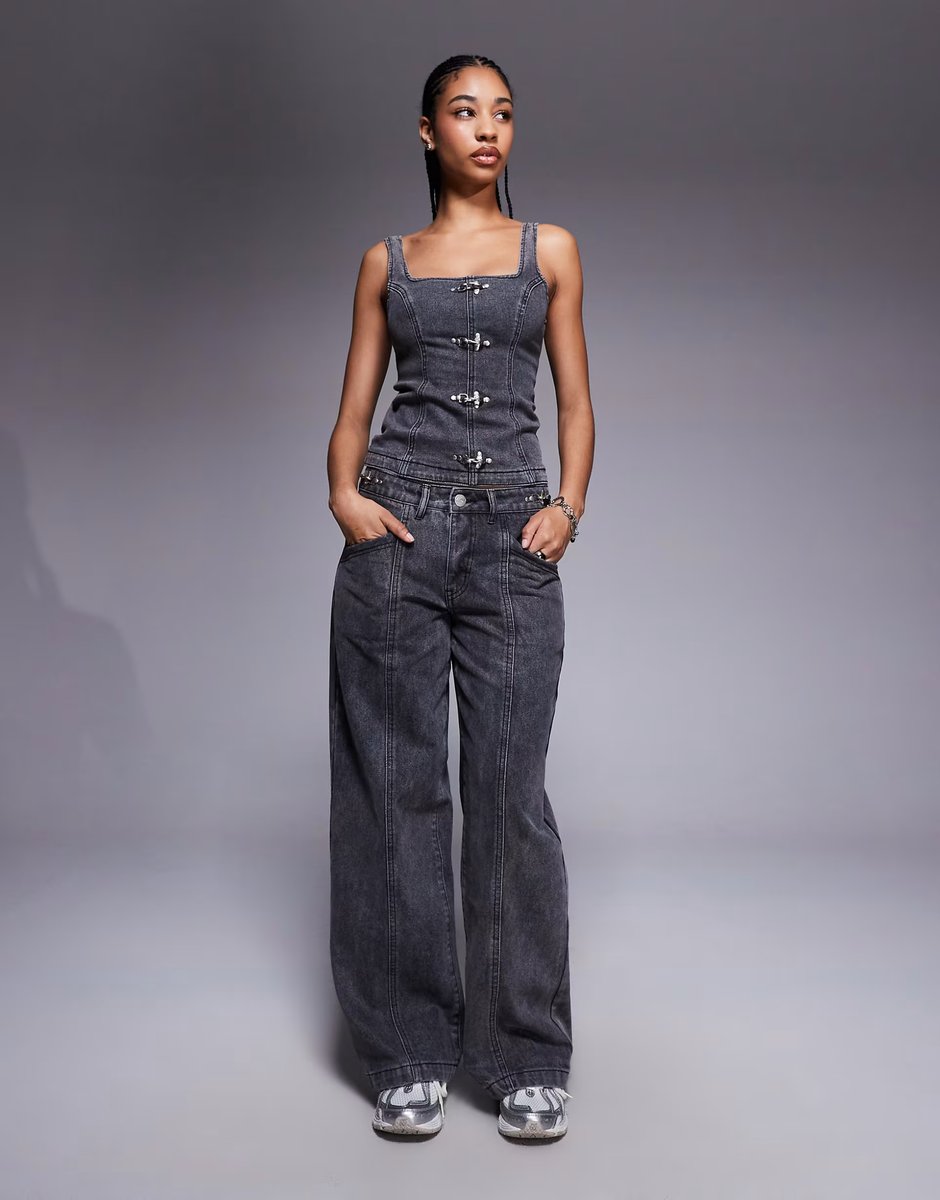 ASOS Liquor N Poker denim corset & jean co-ord with buckle detail in washed black - 2