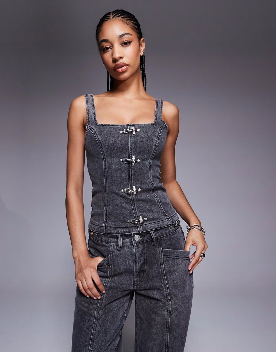 ASOS Liquor N Poker denim corset & jean co-ord with buckle detail in washed black - 3