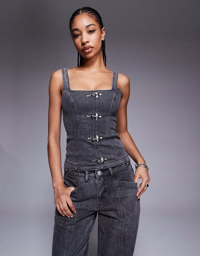 ASOS Liquor N Poker denim corset & jean co-ord with buckle detail in washed black - 3