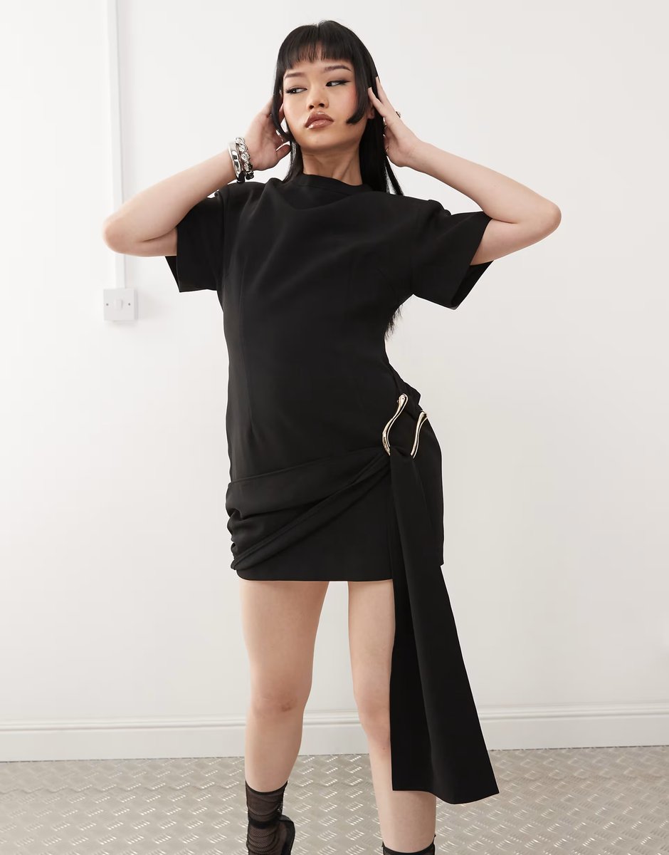 ASOS Lioness Martini structured high neck drape waist metal hardware detail mini dress in black - 3